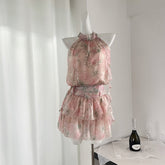 BXOXO - summer inspo Sexy Sleeveless Halter Top for Women Mini Pleated Skirt Set Summer New Ruched Print Floral Two Piece Sets Fashion Casual